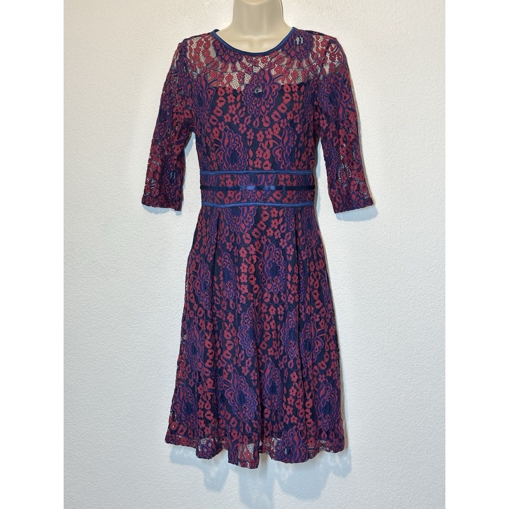 Miusol Fit & Flare Dress S Red & Purple Lace Floral Half Sleeve Lined Wedding
